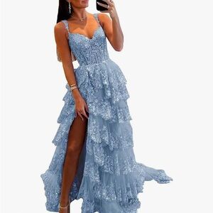 Elegant Blue Lace Evening Gown